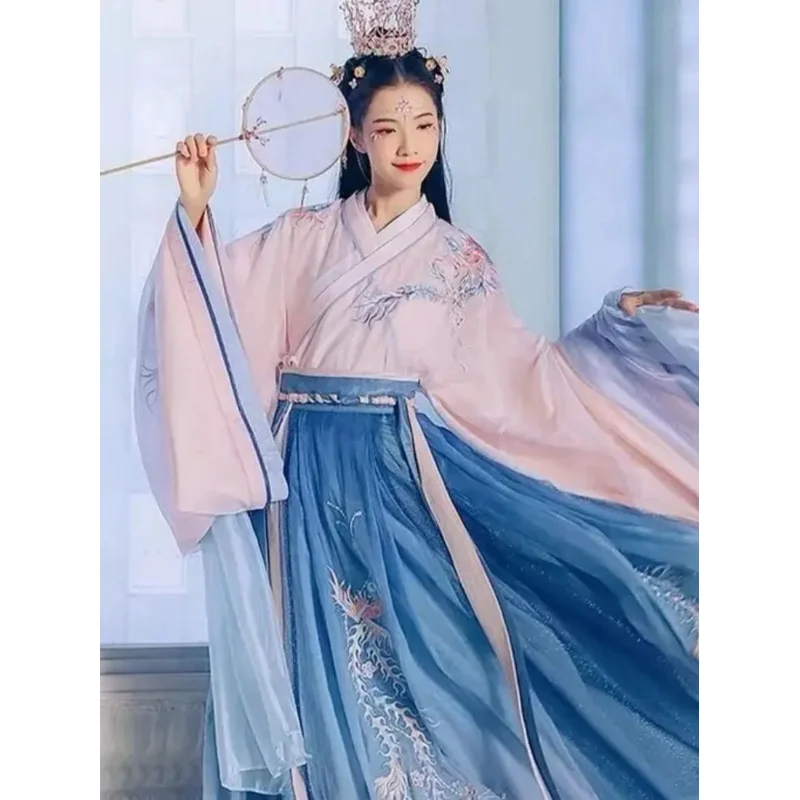 Gaun Hanfu Wanita Pakaian Kostum Cosplay Peri Wanita Hanfu Bordir Tradisional Tiongkok Kuno Gaun Hanfu Musim Panas Wanita