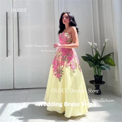 OLOEY Elegant Yellow Floral Lace Evening Dresses A Line Saudi Arabic Strapless Ankle Length Corset Back Prom Gowns Formal Party