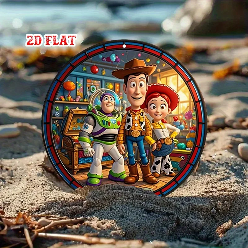 [2D Flat] قطعة واحدة من علامة معدنية مسطحة عتيقة مستوحاة من قصة الالعاب - Woody، Buzz Lightyear & Jessie - ديكور حائط من الألومنيوم المستدير الريفي