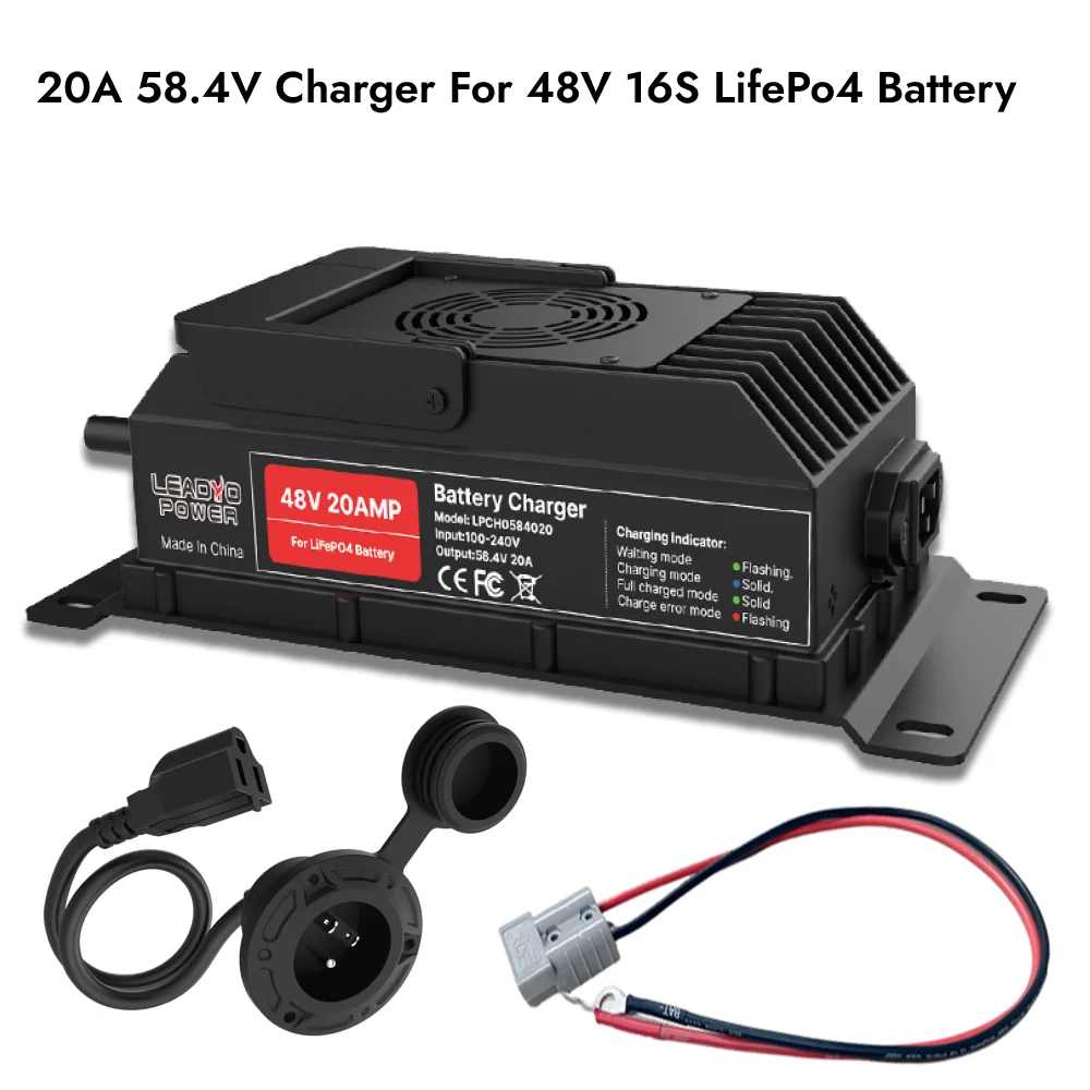 

58.4v 20a Lifepo4 Charger for 48V Lithium Battery with Anderson Plug and M8 O-Type Terminal 48V 16S Battery Smart Fast Charger