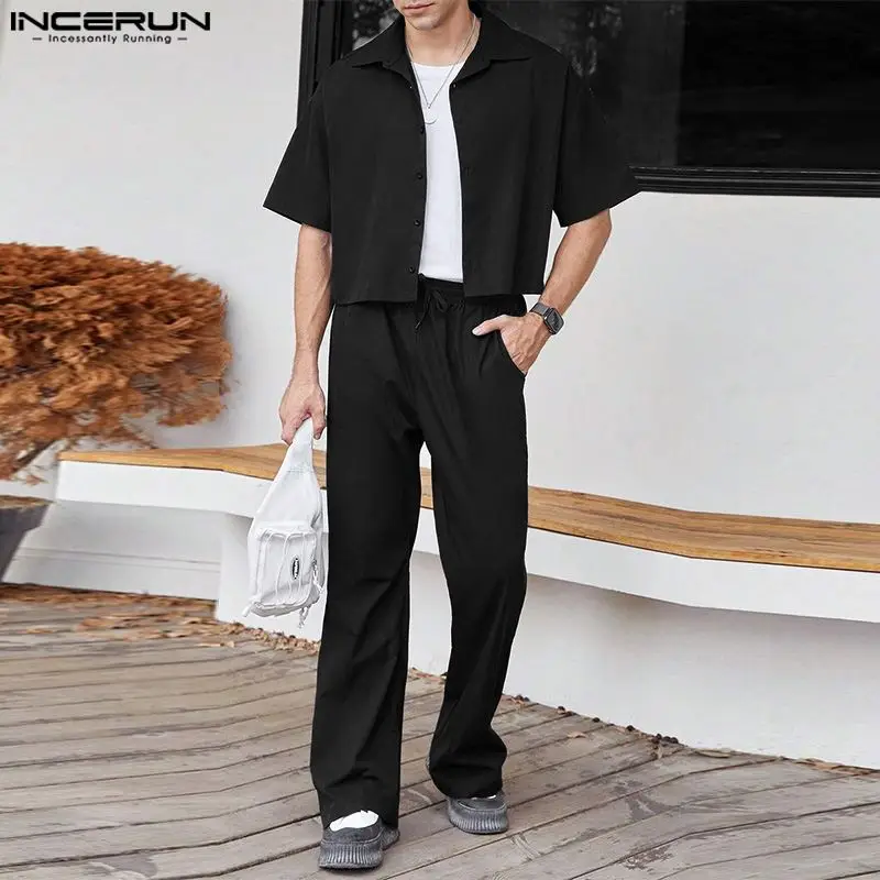 2024 Men Sets Solid Color Streetwear Lapel Short Sleeve Shirt & Pants Two Pieces Sets Fashion Men\'s Casual Suits S-5XL INCERUN