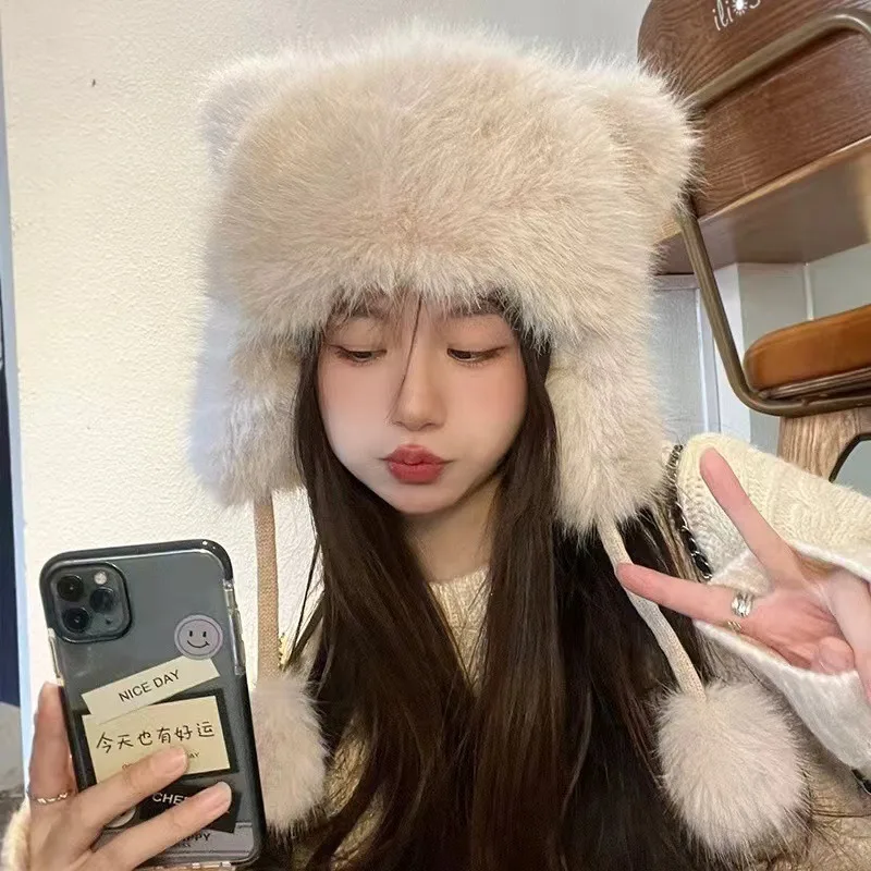 Women Winter Warm Imitation Fur Plush Bomber Hat Cute Thickened Ear Protection Hats Korean Little Bear Tail Fashion Beanies Caps