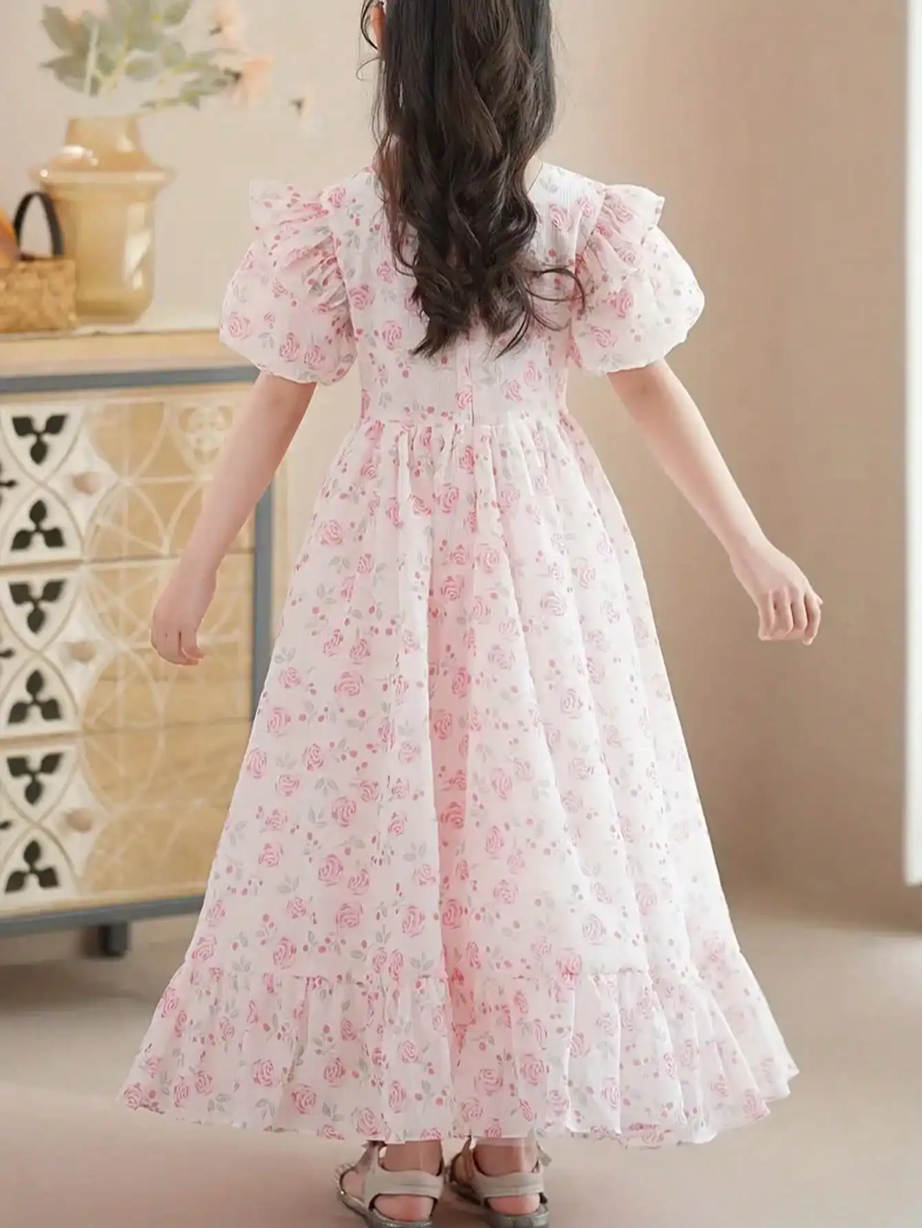 2026 casual girl floral pattern bubble sleeve square collar ruffle decoration dress, sweet and cute for summer vacation outdoors