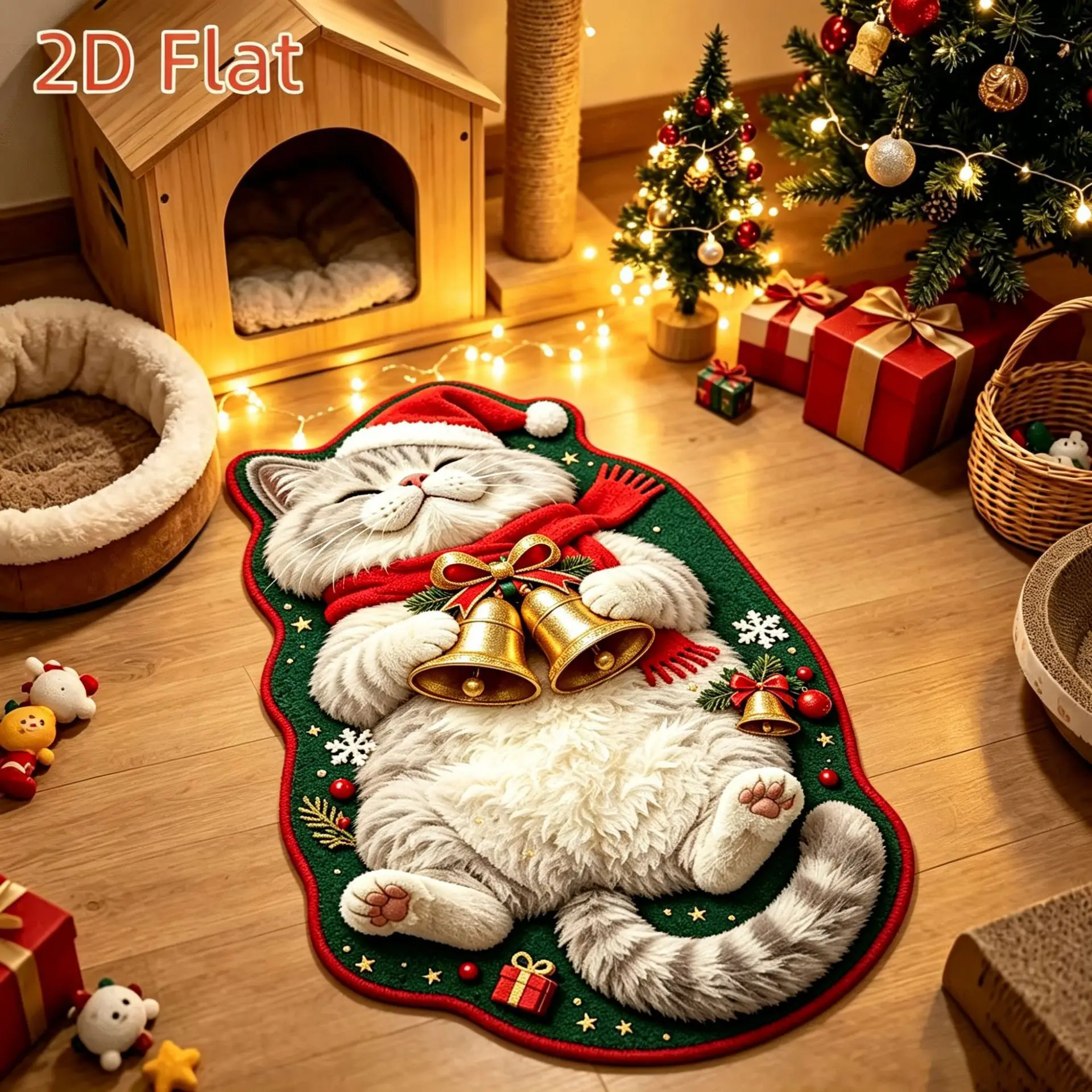 VIKAMA White Cat Holding Golden Christmas Bells Rug, Soft Flannel Non Slip Absorbent Washable Bath Mat, Fluffy Quick Dry