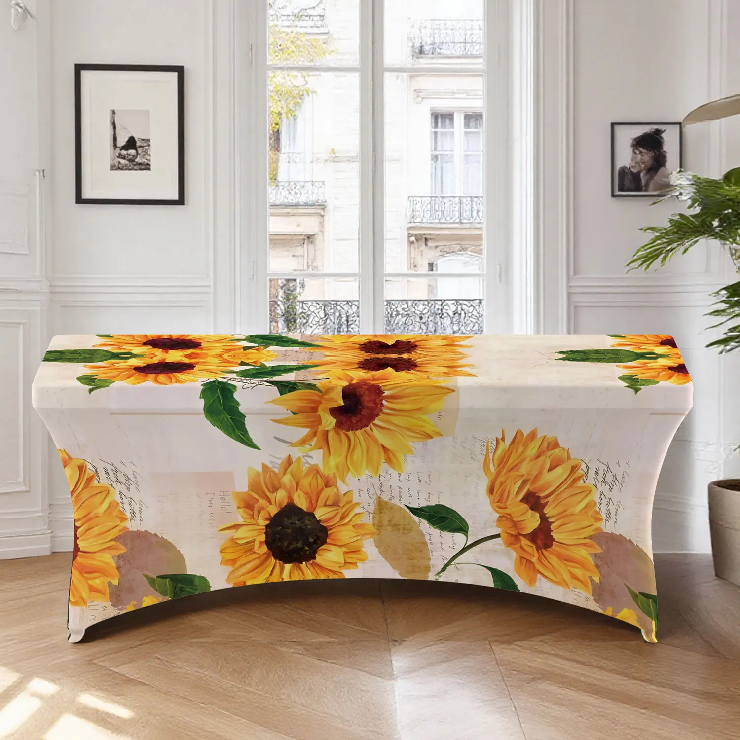 1pc All-inclusive tablecloth,Vintage Sunflower with Script Stretch Table Cover,Suitable for kitchen parties