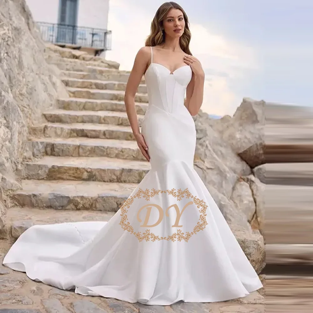 DY Vintage Satin Bridal Dress Court Train Mermaid Sweetheart Spaghetti Strap Customised Wedding Party Dress Vestidos De Novia