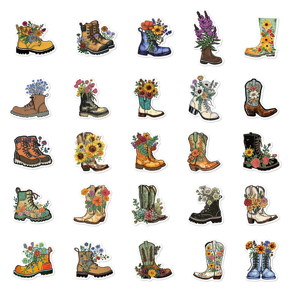 50 Pcs Flower-Adorned Boot Stickers - Waterproof DIY Decals for Decorating Notebooks, Laptops, Journals & Phone Cases