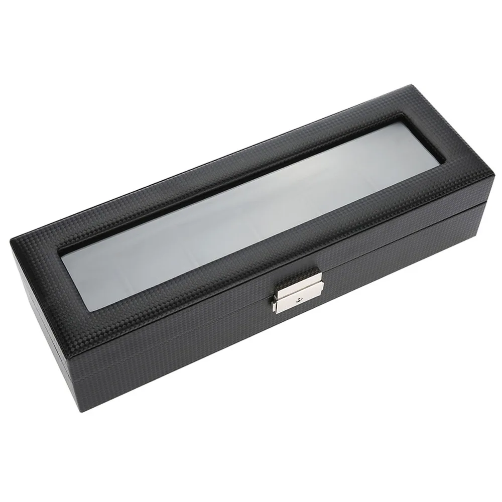 Elegant Carbon Fiber Watch Box 6-Slot Leather Display Case Black Woven Pattern Watch Organizer Storage
