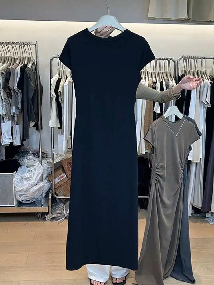 Grande taille 300 Pou été minceur plissé Anti-âge T-shirt femmes Midi Dr décontracté coréen Sle coupe ample rond Ne S...