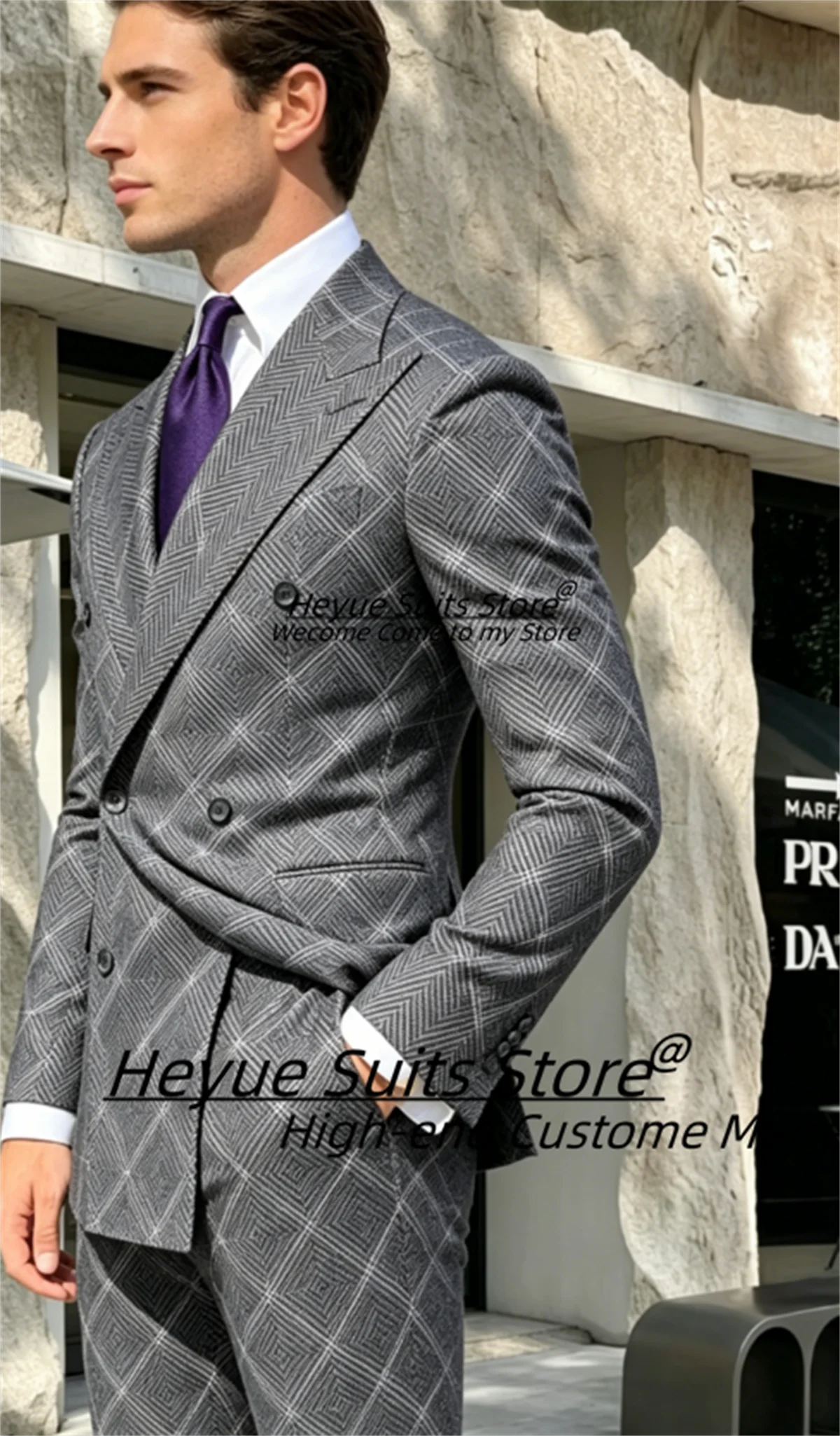 Business Plaid Handsome Men Suits Customized Slim Fit Double Breasted Groom Wedding Tuxedos 2 Pieces Sets Male Formal Blazers