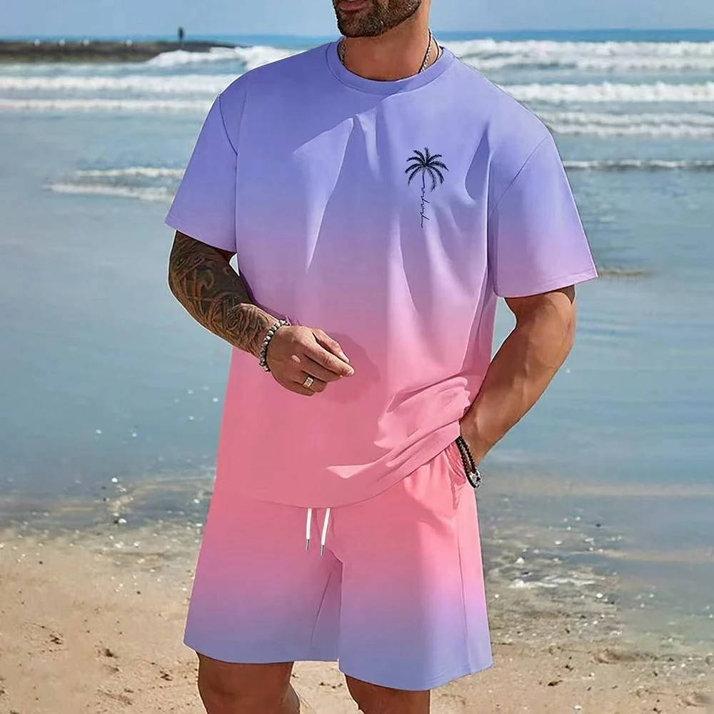 New Men's Suit Hawaiian Gradient Coconut Print Suit Summer Beach T-Shirt and Pa… - Image 4