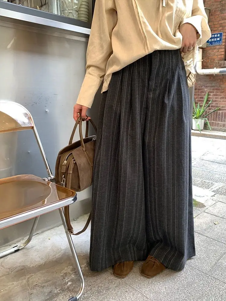 Simple Elegant Daily Commute Striped Wide-Leg Pants for Women Early Autumn New High-Waisted Slimming Floor-Length Pants