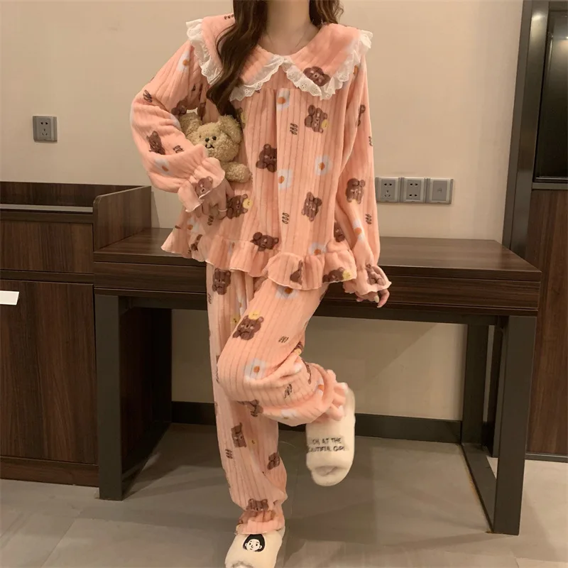 

Warm Sleepwear Small Bear Peach Coral Velvet Two-Piece Set Women Pajamas Autumn and Winter Thickening Home Wear School Sleepwear