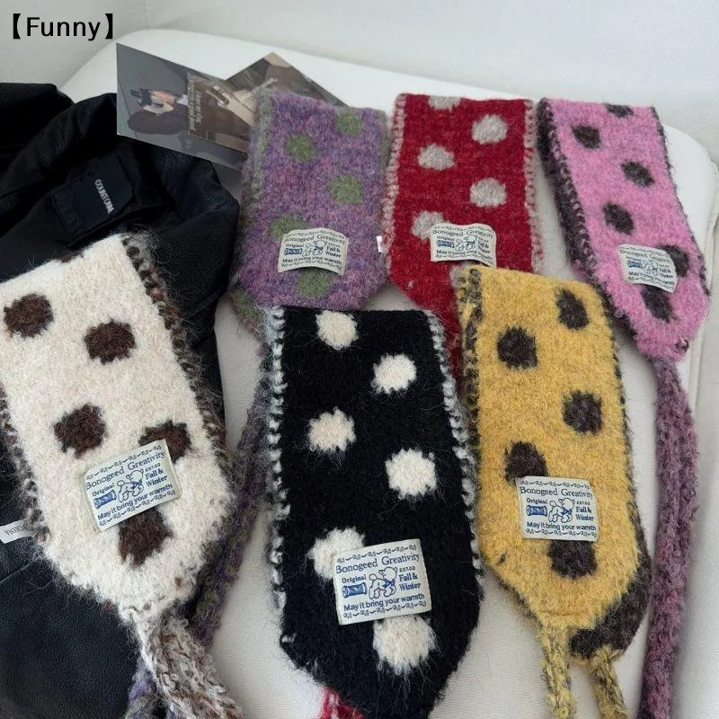 

뷰Funnyezione зимние вязаные наушники для девочек, милые цветные женские наушники в горошек с ремешком, защита ушей, женские теплые универсальные наушники