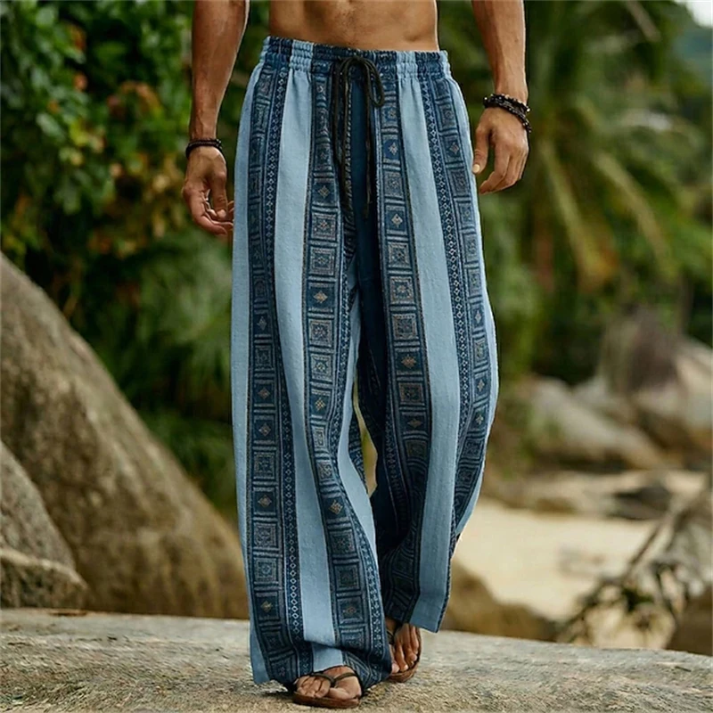 Men's Tribal-Style Geometric Vertical-Striped Drawstring Wide-Leg Pants Casual Loose-Fit Plus-Size Long Pants Men's Beach Pants