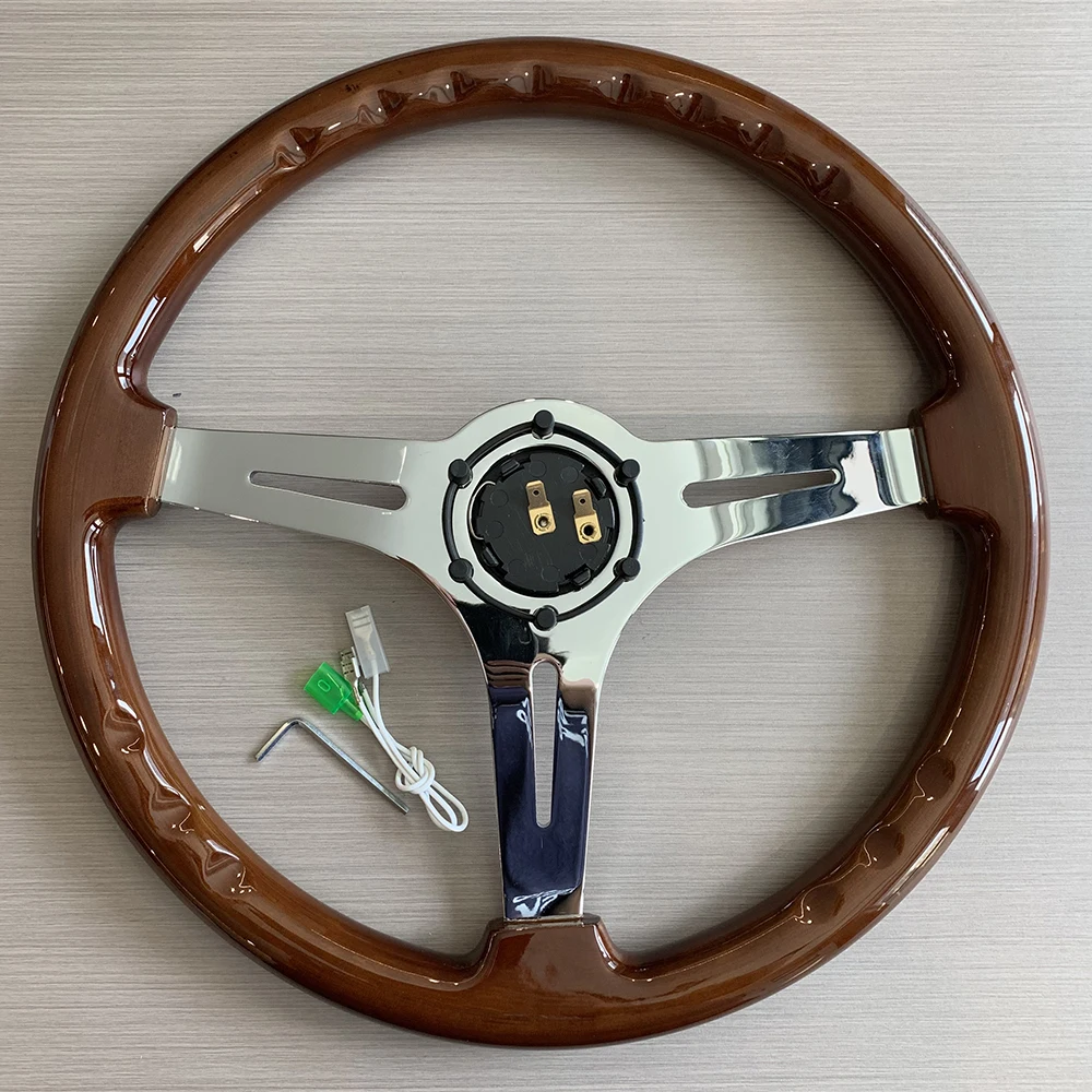 Tiypeor Universal 380 Solid Wood Brown Vintage Game Racing Steering Wheel With Rivet