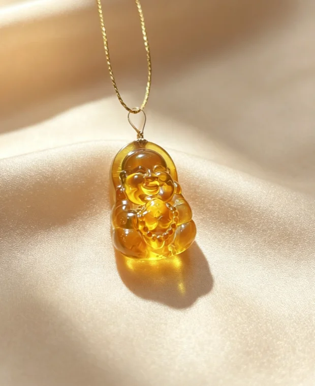 Certified 18K Solid Gold Natural Mexican Blue Amber Laughing Buddha Pendant Necklace Solitaire Big Carat Happiness Locket Jewel