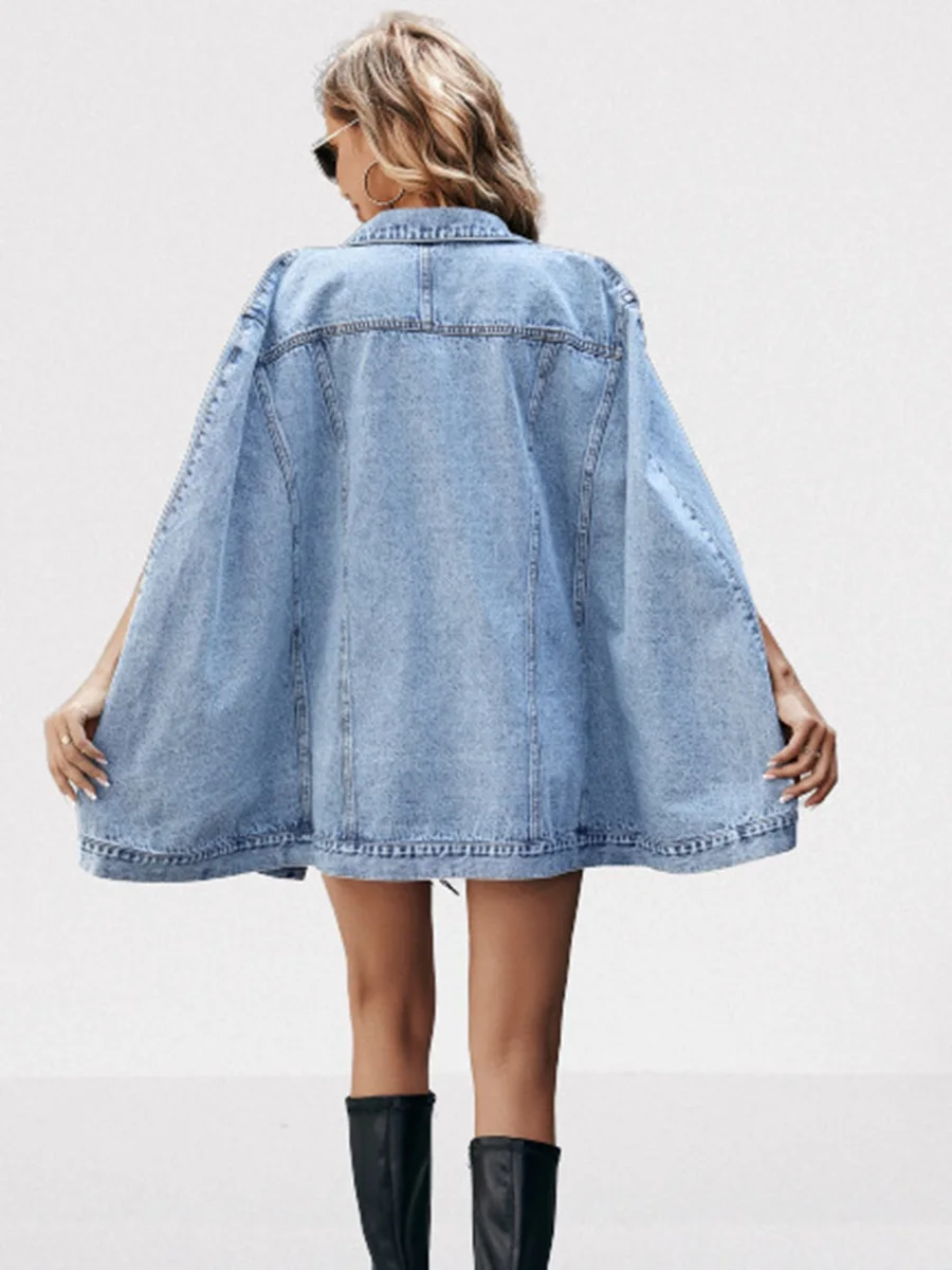 LW Fashion coat Turndown Collar Pocket Design Asymmetrical Denim Jacket Women Elegant Chic Denim Jackets coat Outerwears