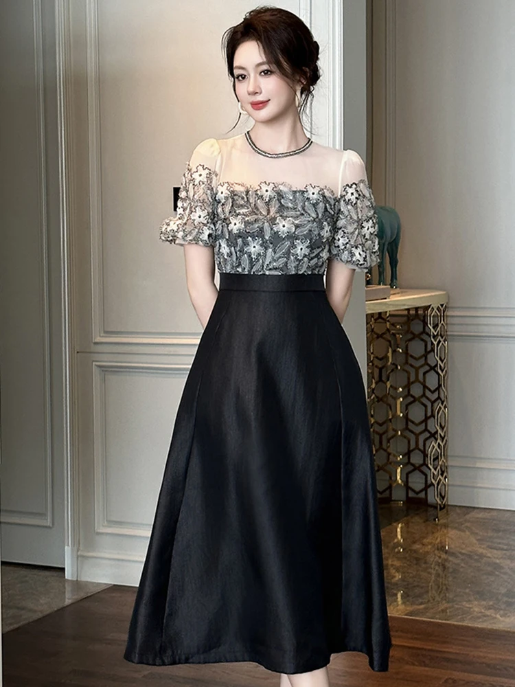 Damska Sukienka Wieczorowa Czarna Koronkowa Imitacja Dwuczęściowa Krótki Rękaw Wyszczuplająca Linia A Długa Elegancka Modna Impreza Bal Studniówkowy Vestido Robe Lato
