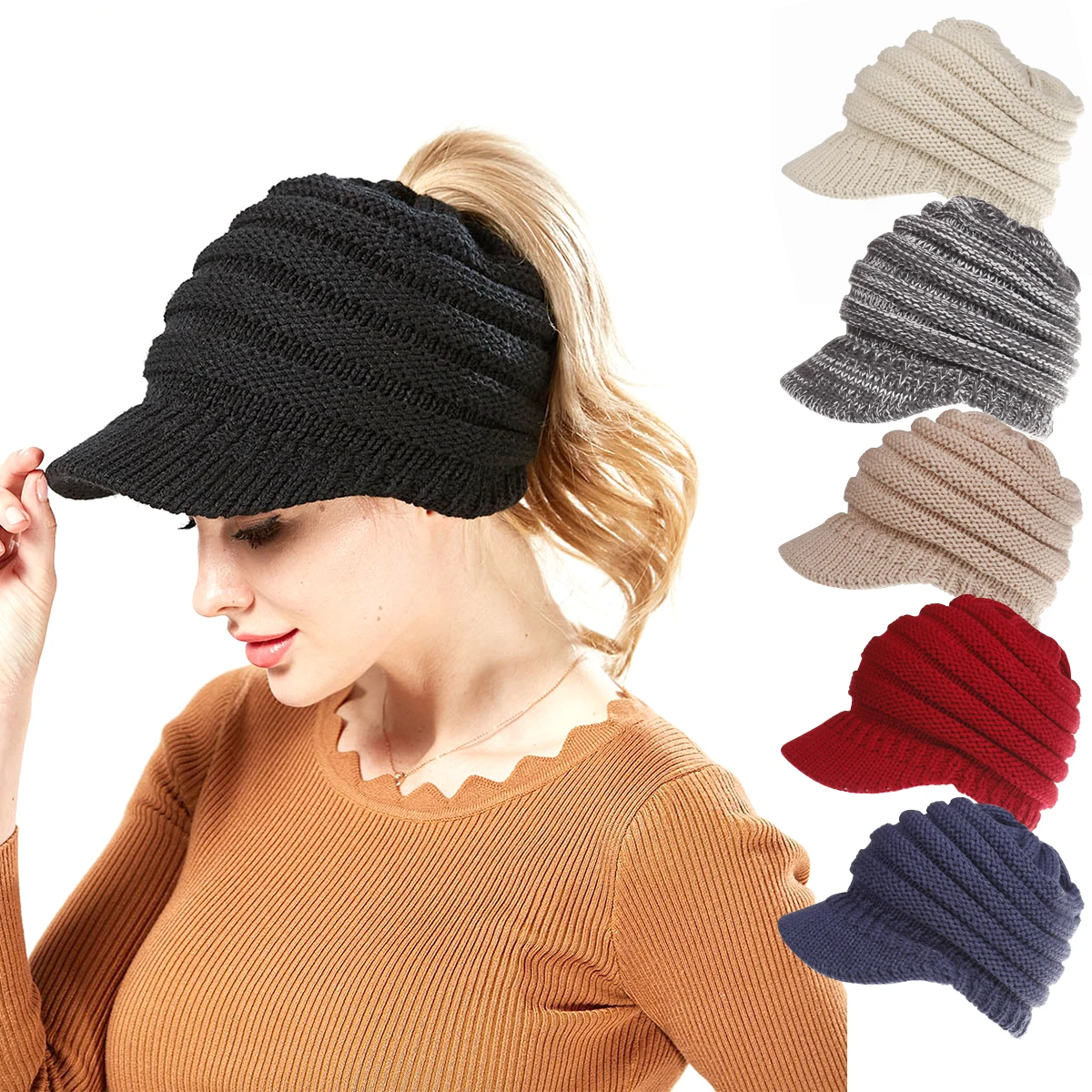 2024 New Women Hats Autumn Winter Warm Female Knitted Hats Outdoor Sports Golf Ponytail Hat Baseball Caps Visor Fashion