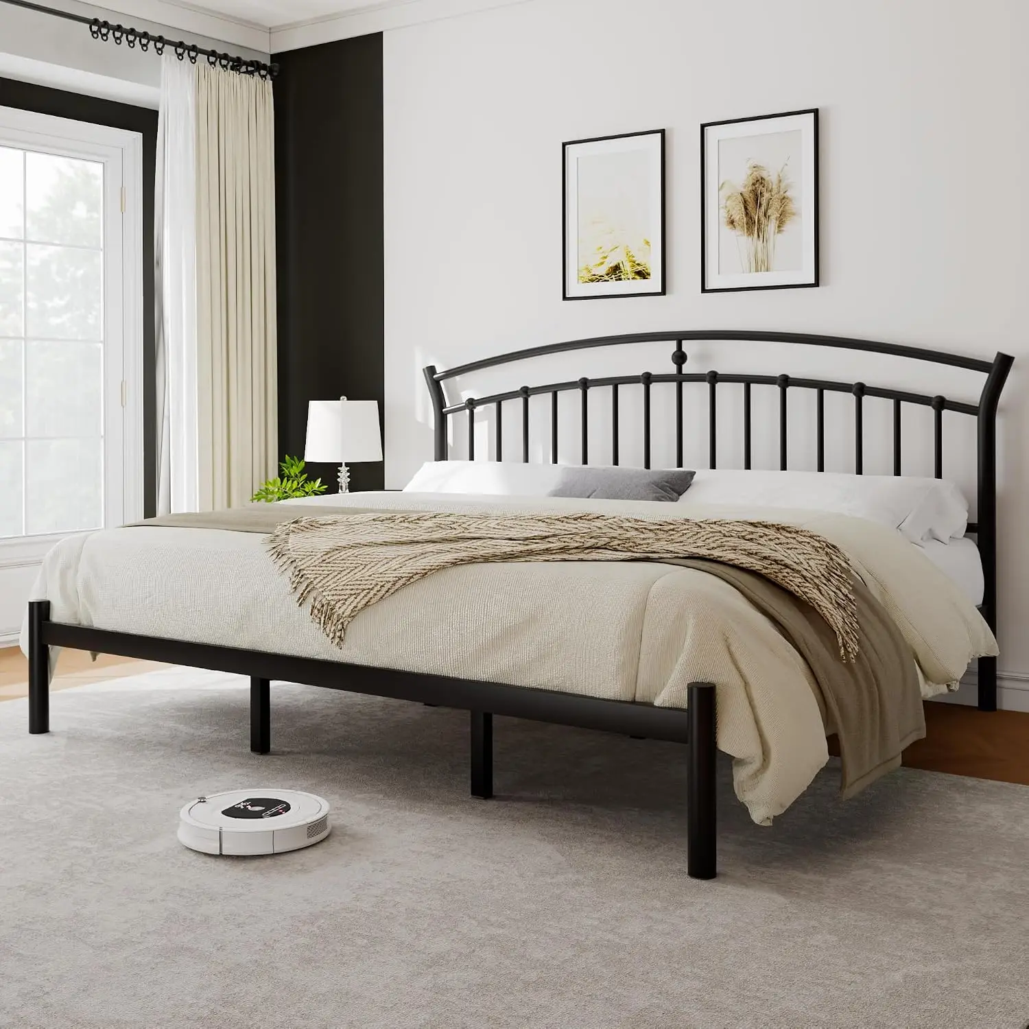 Metal Platform Bed Frame Iron Headboard Steel Slats Under Storage No Box Spring Easy Assembly Black, Customized
