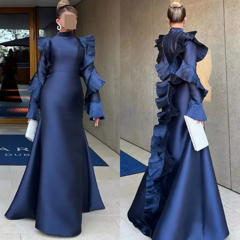 

JDY индивидуальное роскошное вечернее платье из темно-синего атласа с оборками, элегантное свадебное платье فساتين سهرة