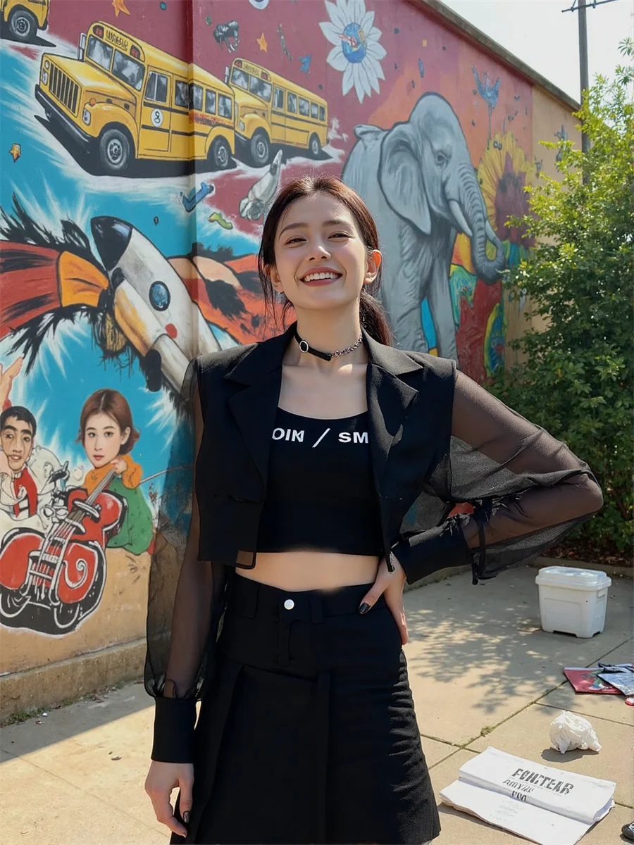 

Sun-proof Cropped See-through Back-Slit Blazers For Woman With Designs Clothes Women Transparent Embellishment Variety Figure OL