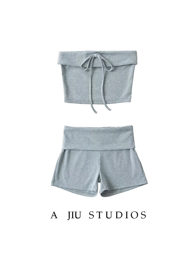 

Spicy Girl Knitted Casual Tube Top Set Running Fitn Yoga Sports Ultra orts + ter Vest Women Summer Faion Set