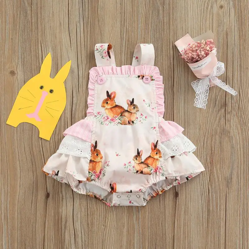 2025 Children's Easter New Bunny Printed Jumpsuit, Newborn Lace Crawling Suit, Princess Outfit