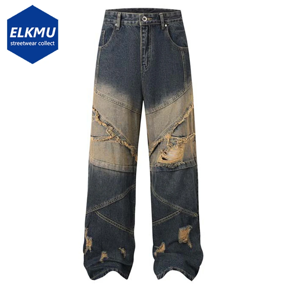 

Ripped Patchwork Men's Vintage Baggy Jeans Blue Loose Straight Denim Pants Harajuku Streetwear Hip Hop Jeans Trousers for Male