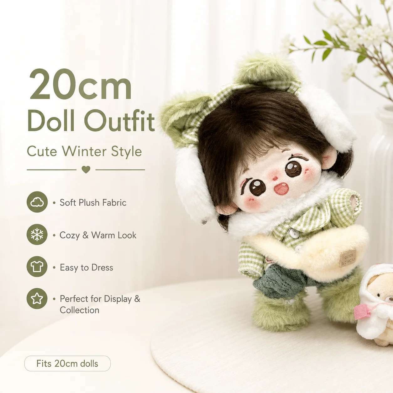 Conjunto de Ropa para Muñecas de Algodón de 20 cm, Serie Matcha Snow Domain, Combinación de Colores Blanco y Verde Fresco, Sin Atributos