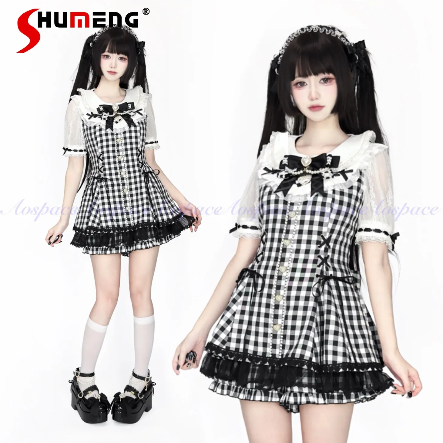 

Original Japanesemines Style Bow Pearl Collar Lace Short-sleeve Lace-up Slim Fit Shirt Shorts Lolita Two-piece Set for Women: