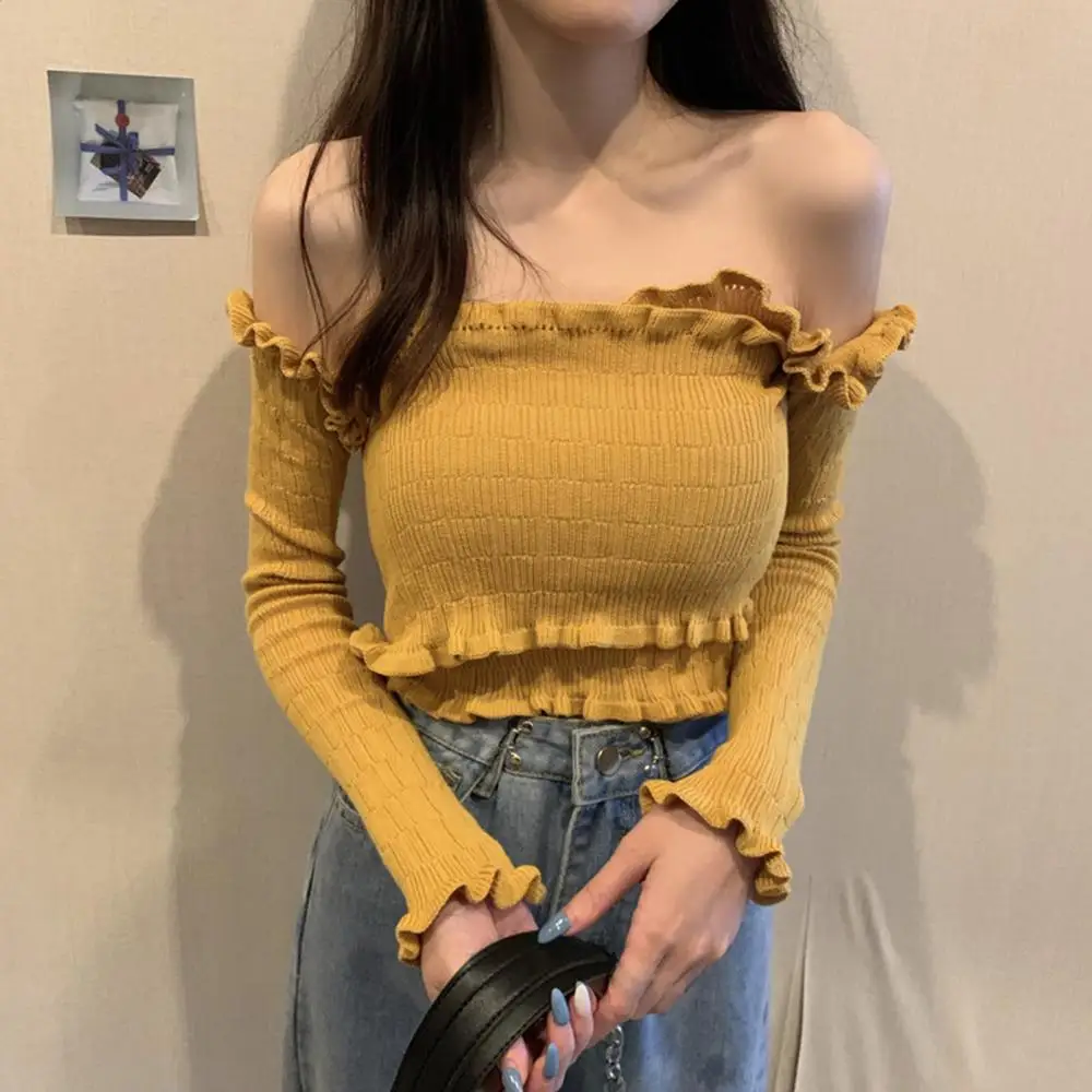 Korean Elegant Women Knitted Blouse Sexy Lace Neckline Off Shoulder Long Sleeve Crop Top Female Autumn Blouse