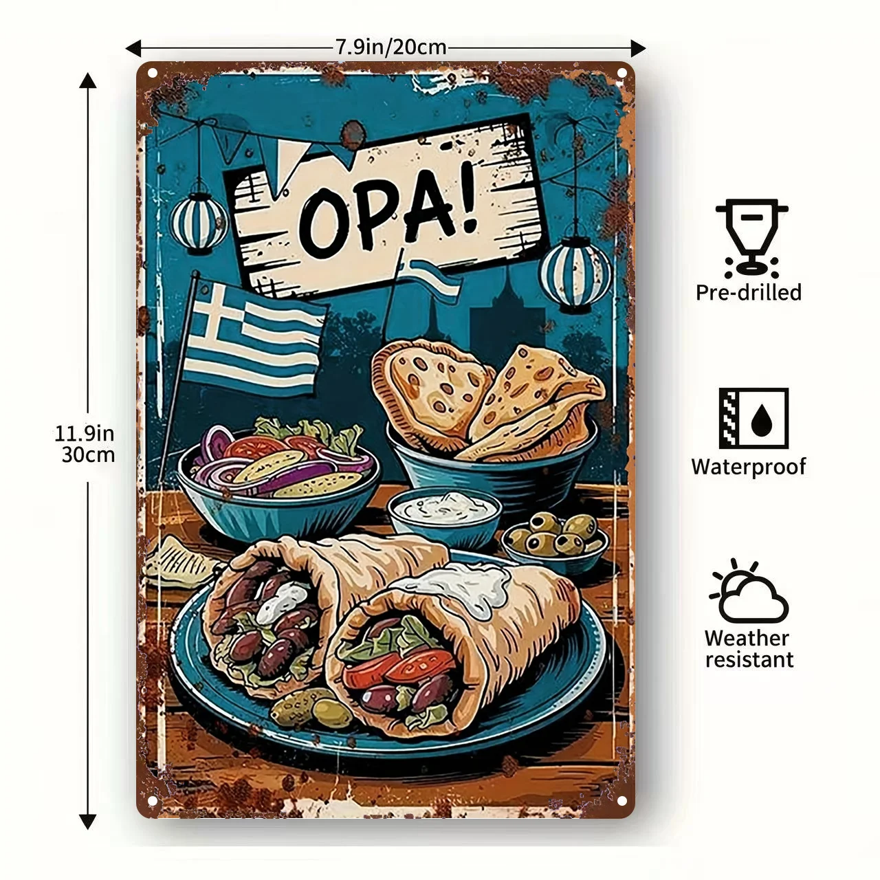 2D Flat, 2D Flat, 2D Flat - Vintage Greek Metal - 8.0X12.0 Inch Decoration for Greek Kitchen, Showcasing Gyros, Souvlaki, Moussa