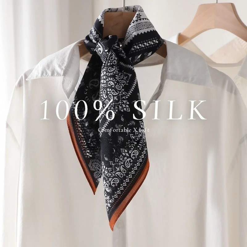 

Women 100% Mulberry Silk Scarf Paisley Double Crepe Square Scarf Old Money Style Versatile Neck Scarf for Spring Autumn