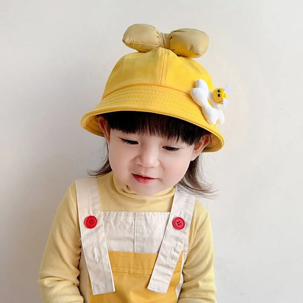 Outdoor Cartoon Bee Baby Bucket Hat Adjustable Sunscreen Kids Caps Big Bow Sunshade Visor Hat Spring Summer Autumn