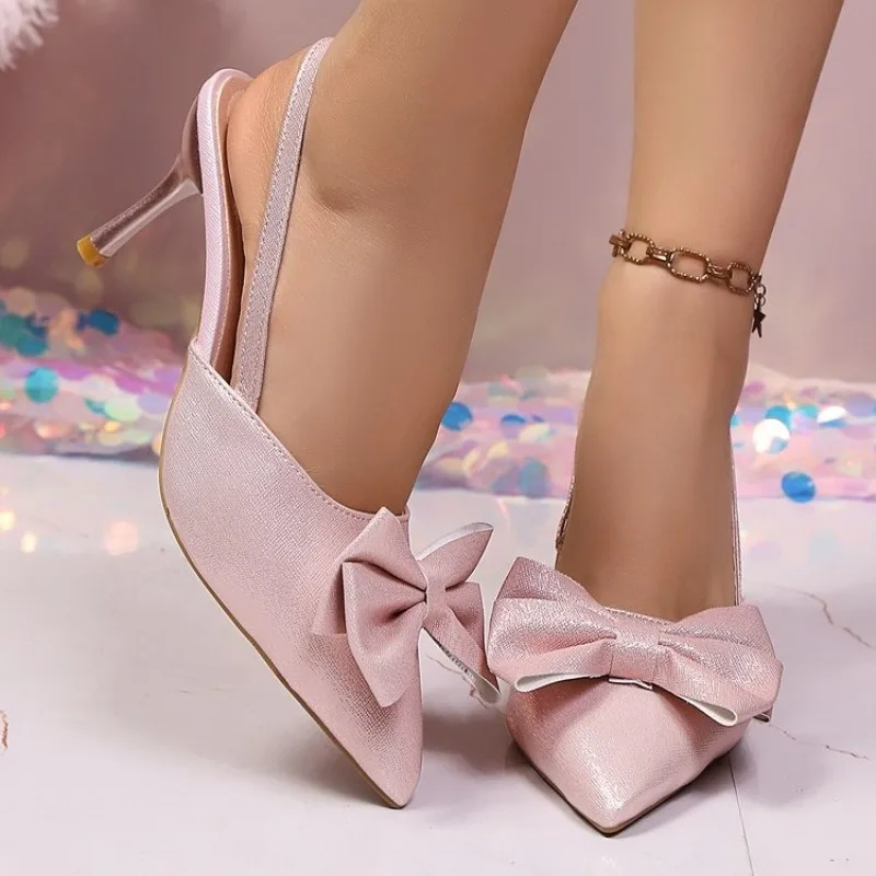 

Summer 2026 Women Slingback Shoes Bow Decoration Pointed Toe Sandals High Heels Stiletto Female Party Sandals
