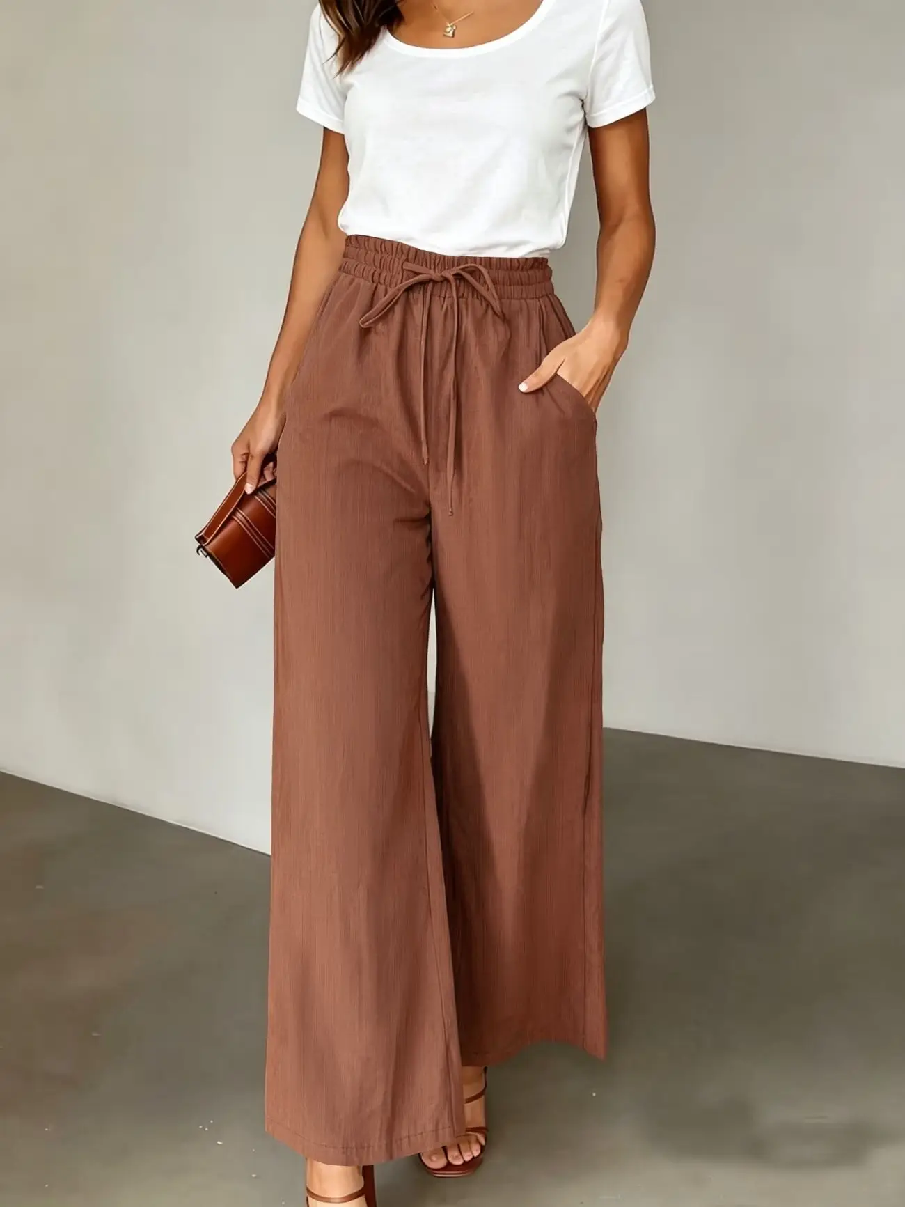 Women's Solid Color Casual Wide‑Leg Pants, High Waist with Elastic Drawstring, Draping Loose Slim‑Fit Fashion Trousers