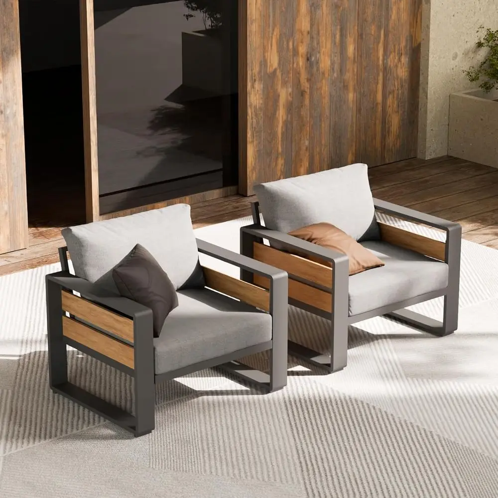 

Grey Weather-Resistant Metal Patio Furniture Set with 2 Armchairs and Removable Cushions for Outdoor Spaces