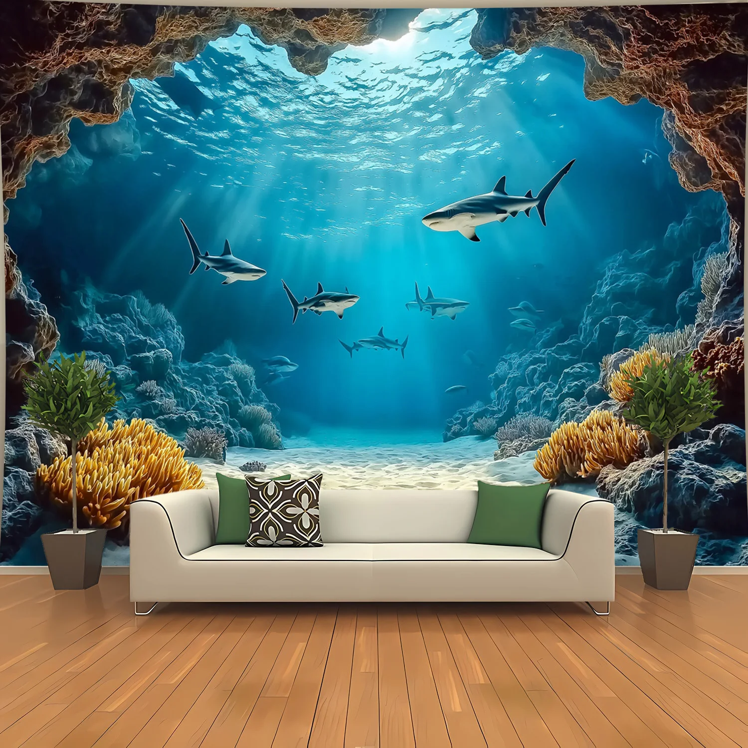 Oceanic Serenity Wall Tapestry for Living Room Decor, Featuring a Stunning Underwater Scene with Graceful Sharks Swimming