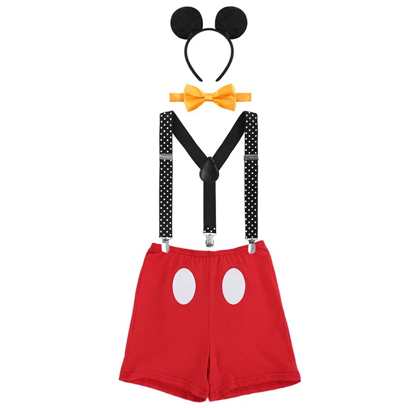 

Cute First Birthday Outfit for Cake Smash Photoshoot Baby Boy Clothes 0 To 3 Months Set Mickey Ear Headwear Suspender Red Shorts