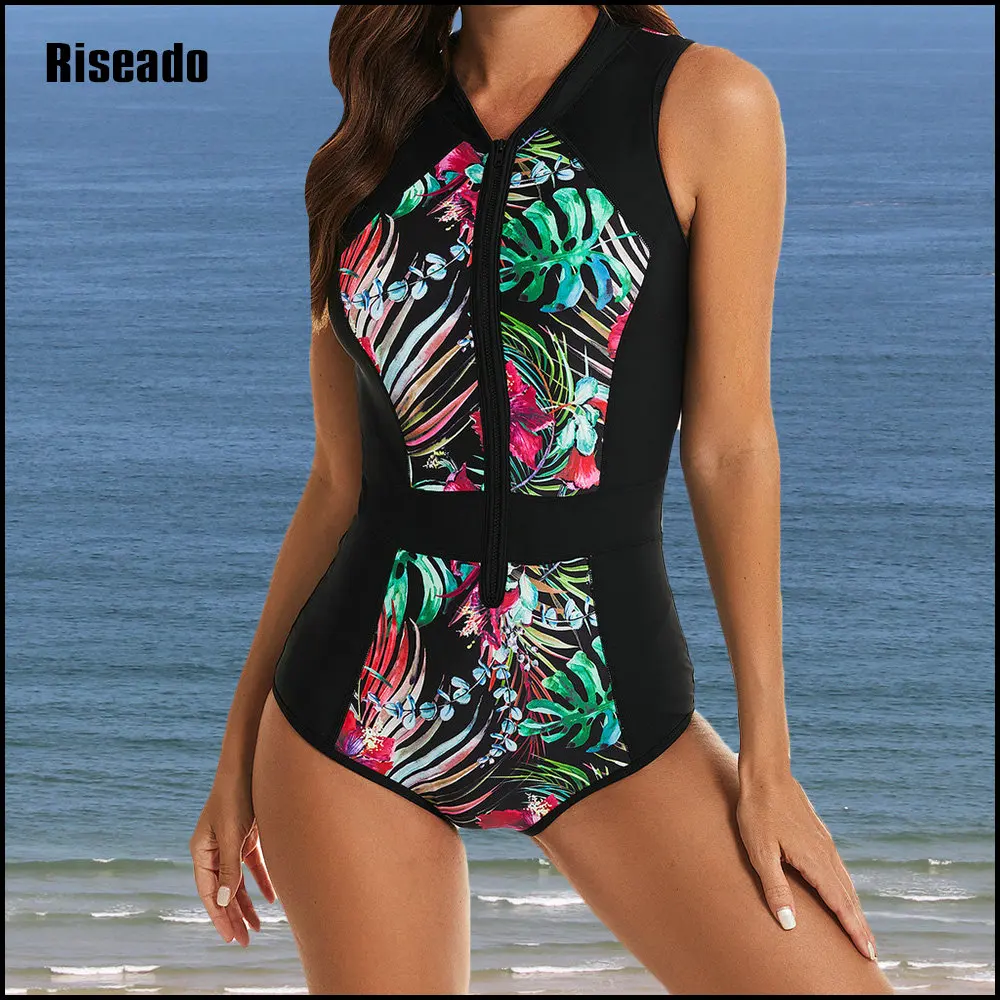 

Floral Print Womens Rash Guard Zip Front Sleeveless One Piece Swimsuit Beach Wearing Bodysuit