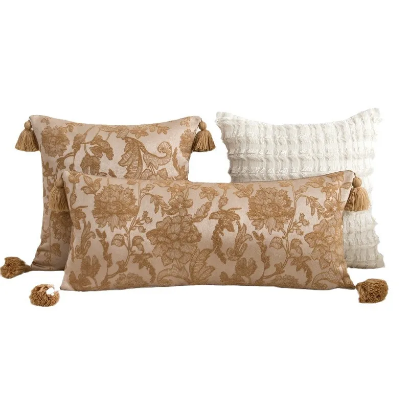 1pc Luxury Cushion Cover 45x45 30x70cm Elegant Floral Pattern Pillowcase Tassel Design Throw Pillow Cover Beige Brown Room Decor