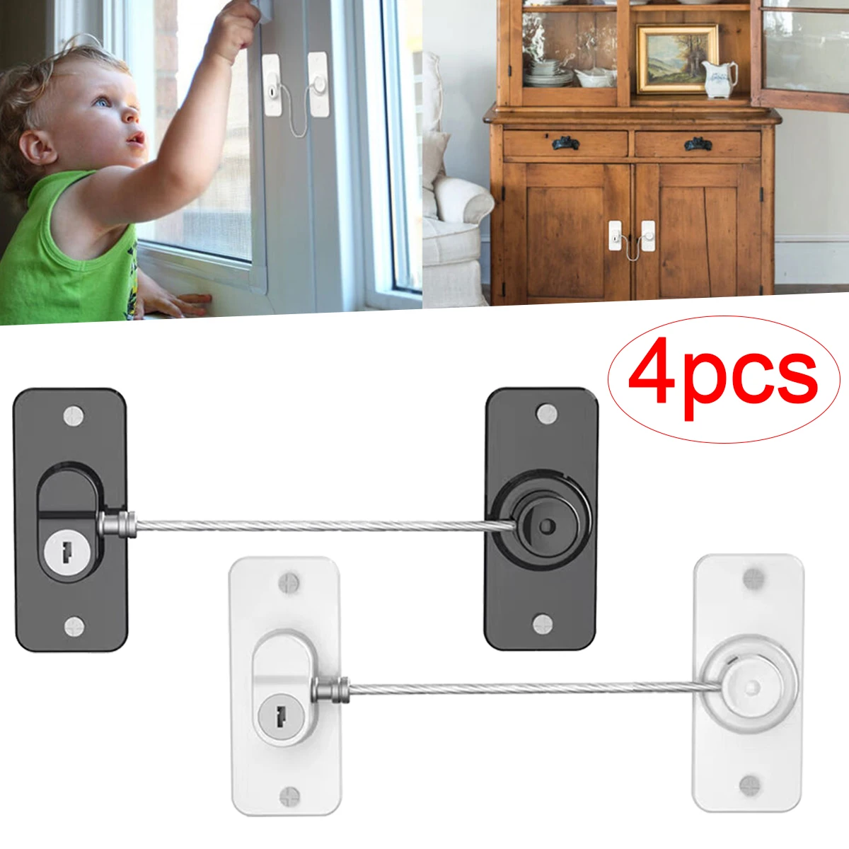 

4Pcs Child Safety Lock - Multi-functional Cabinet Locks No Drill Needed for Refrigerator Lock Drawer& Closet Window Lock Baby