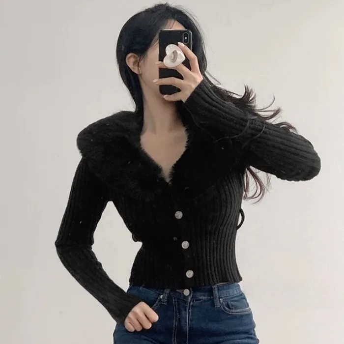 Women's Chic Long Sve Knitted Sweater with Fur Collar Waist-Cinching Slimming Versatile Faionable Autumn Winter Top