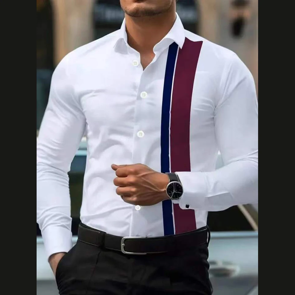 2025 Mens Splicing Striped Lapel Button Up Long Sleeve Smart Casual Comfortable Business Dress Office Single-breasted Shirt