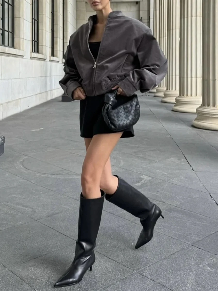 TWOTWINSTYLE Nozioni di base Cappotto alla moda per donna Colletto alla coreana Manica lunga Cerniera impiombata Giacca corta retrò francese Donna Autunno