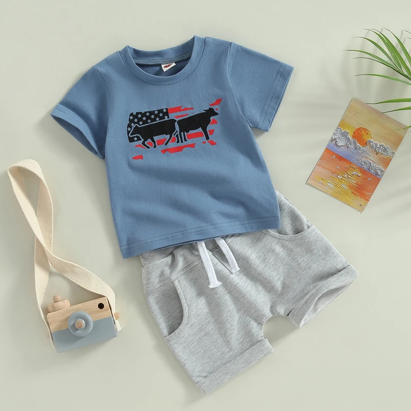 

Cowboy Clothes for Baby Boy Cow Print Top Short Sleeve Tshirts Shorts Set Summer Toddler 4th of July Outfit