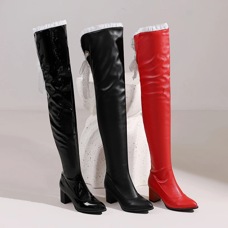 Hotsweet Over the Knee Boots Heels Women Winter Tight High Long Stretch Boots Leather Shoes Black Red Boats Mujer