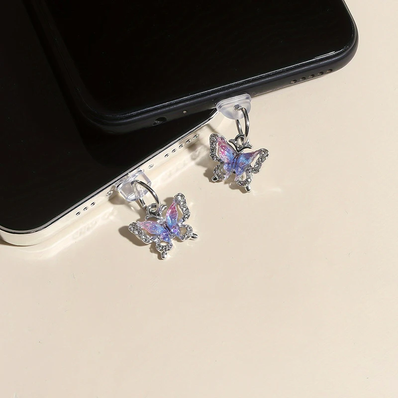 

1PC Mobile Phone Dust Plug Pendant New Butterfly With Artificial Diamonds Accessory Decoration For Type-C/Micro USB Port